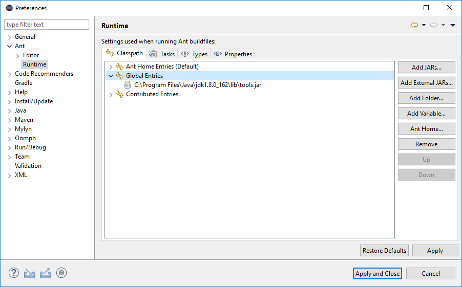 Initial view of Eclipse's Ant Runtime configuration